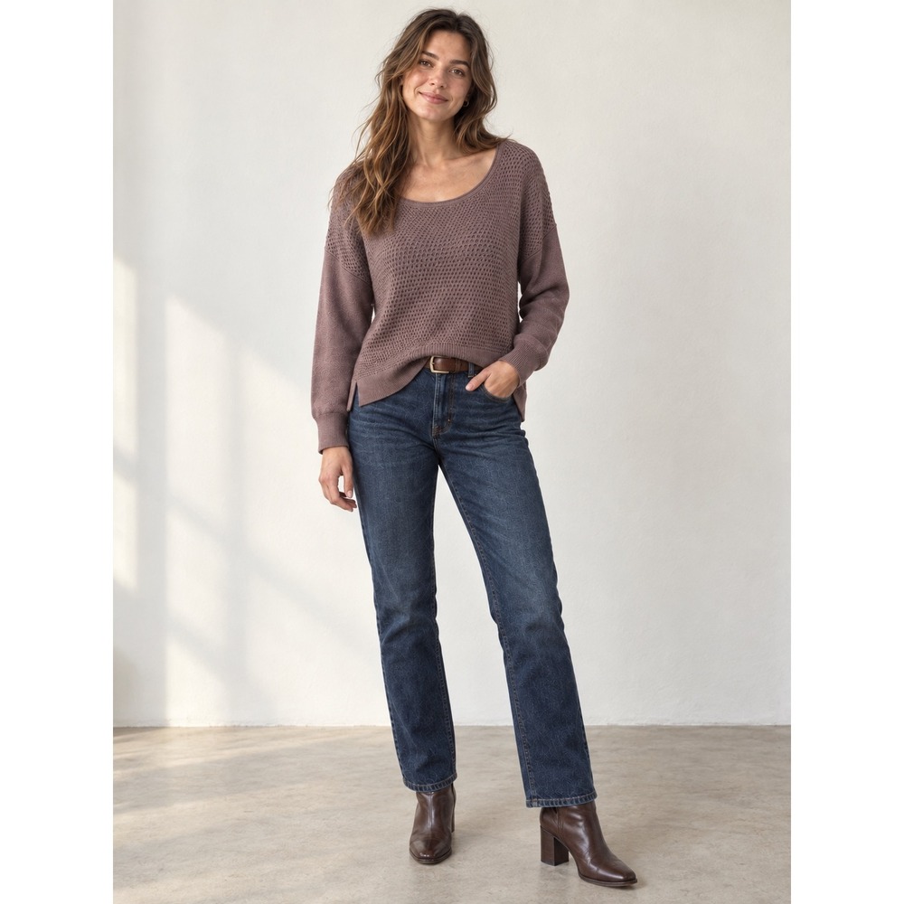 LOFT Sweater XL Mauve Purple Merino Wool Blend Pointelle Knit Pullover